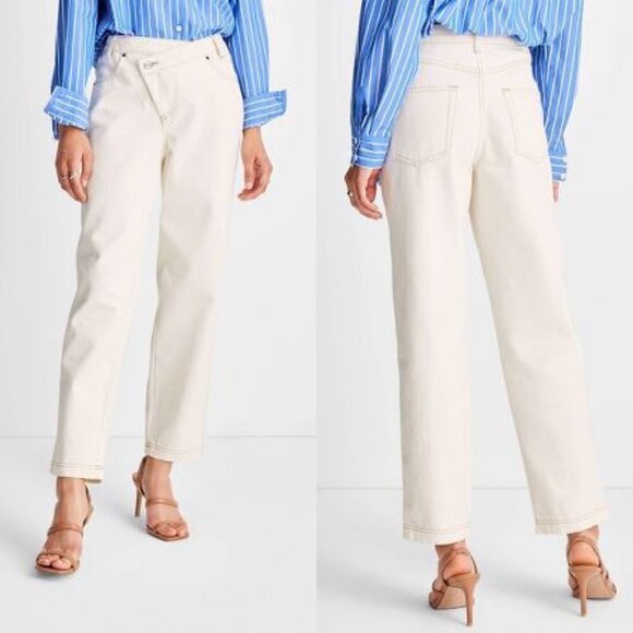 Future Collective Kahlana Brown High Rise Overlap Waist Straight Leg Jeans 0 - Picture 1 of 8